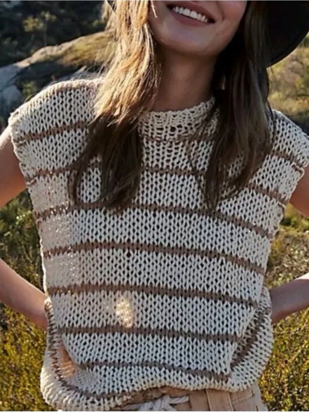 Free People Cream and Tan Open-Knit Crewneck Sweater
